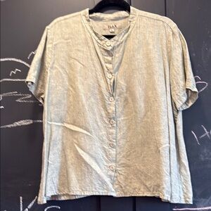FLAX Linen Short Sleeve Button-Front Top in Neutral Shade - Size Large